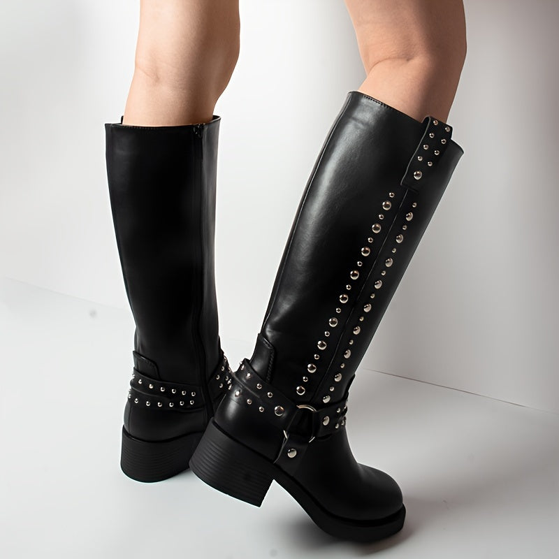 Women's Knee High Boots Leather Rivet Decor Square Toe Block Heel