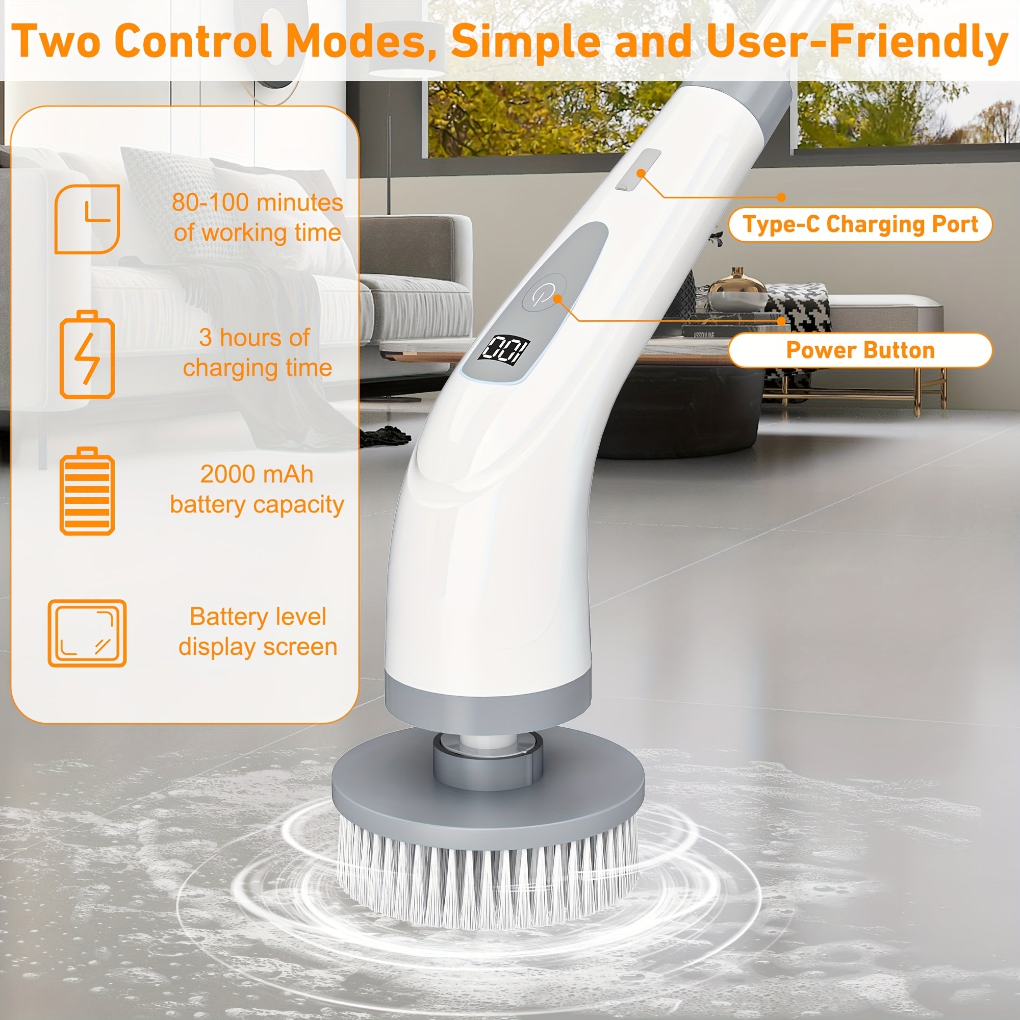 Multi-functional electric spin scrubber with adjustable handle 7 brush heads USB rechargeable