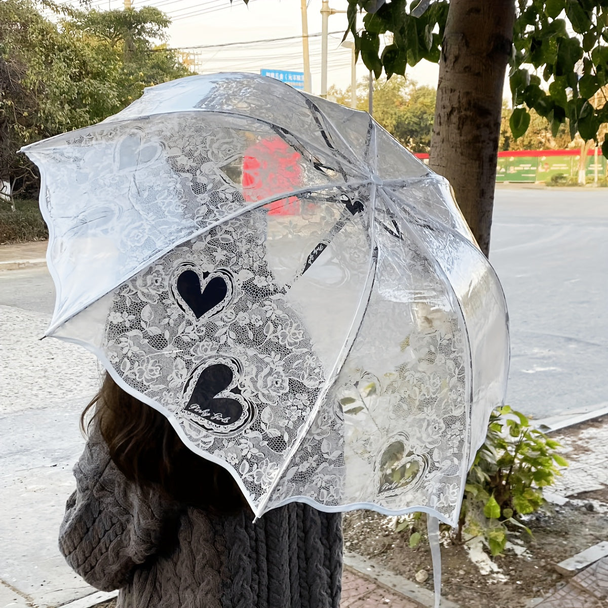 Transparent PVC Tri-Fold Butterfly Rose Umbrella with Arched Handle
