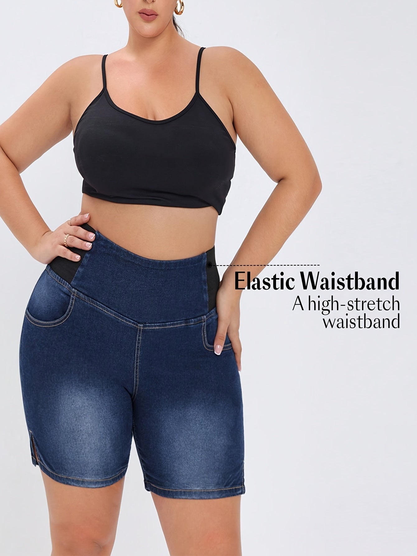 Plus Size Women's High-Waisted Stretch Denim Shorts Mid-Rise Casual Bike Pants