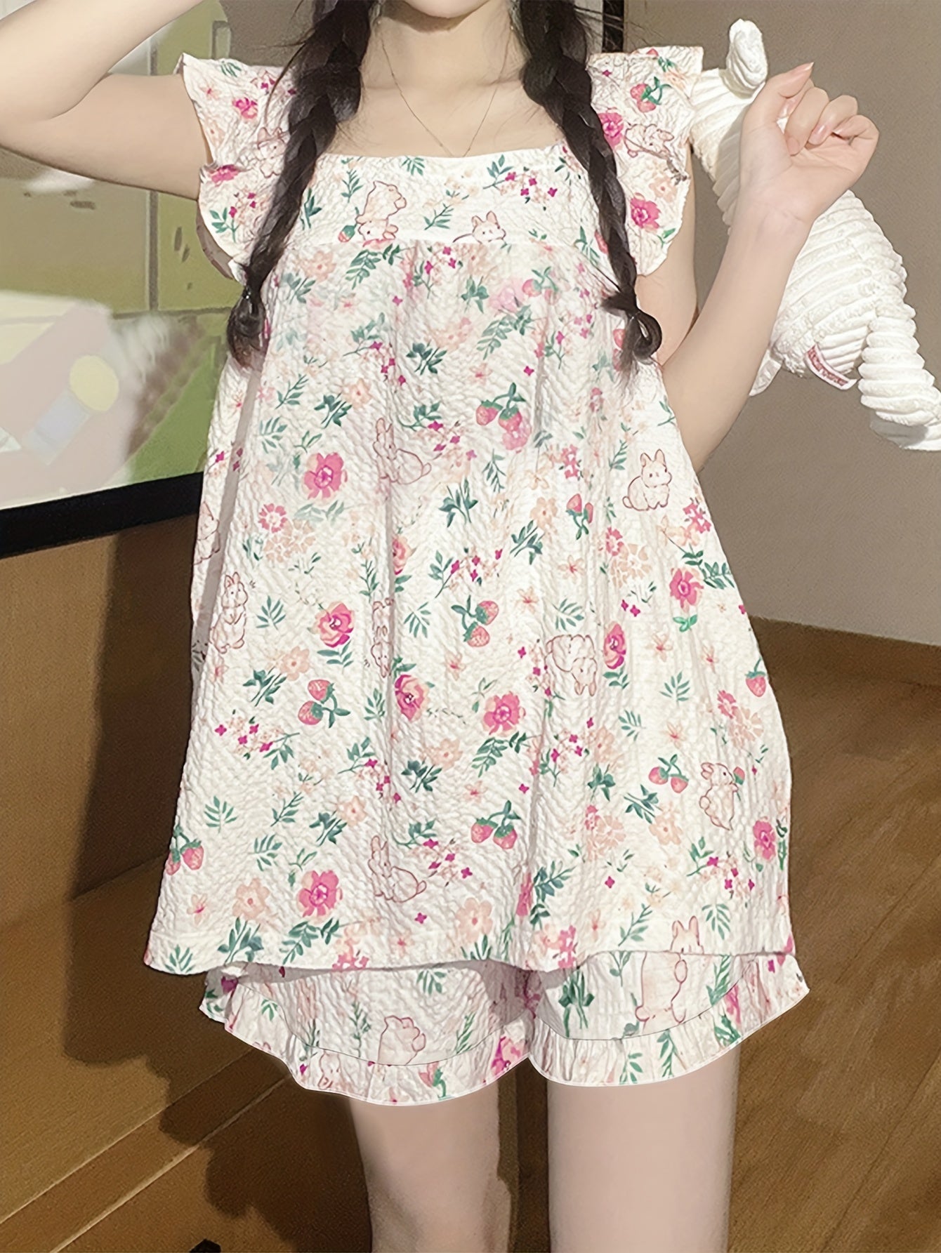 Women's Summer Loungewear Set with Ruffle Sleeve Top and Elastic Shorts Featuring Rabbit and Floral Print