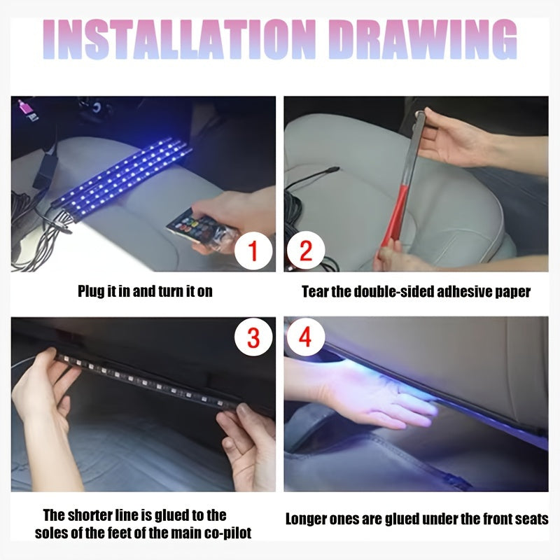 Kit de iluminación interior de coche RGB inalámbrica con control por app, 48 LEDs, sincronización con música