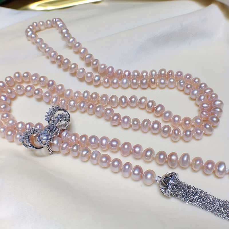 Freshwater Pearl Necklace with Cubic Zirconia Bow for Special Occasions