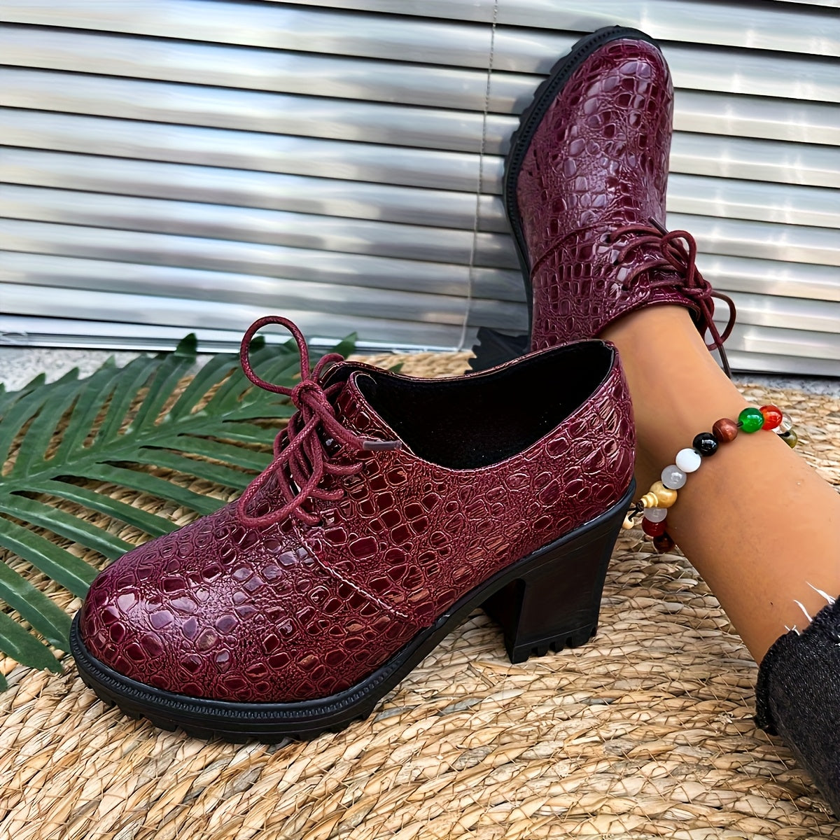 Women's Burgundy Crocodile-Textured PU Oxford Shoes Chunky Heels