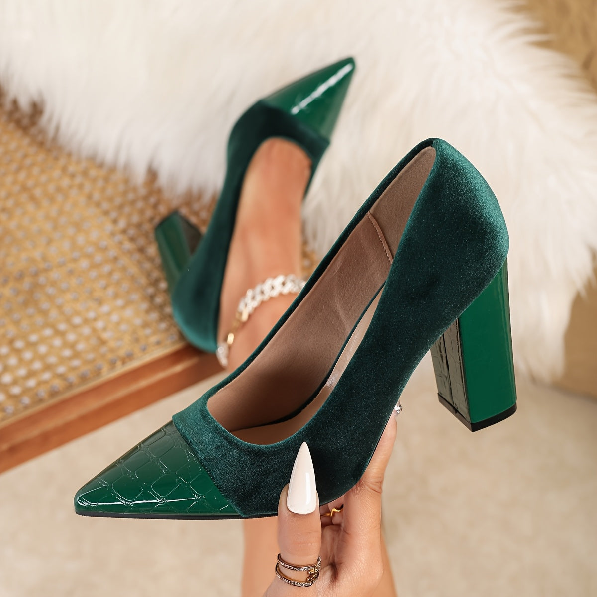 Women's Faux Leather Chunky Heel Pumps Pointed Toe Slip-Resistant Sole