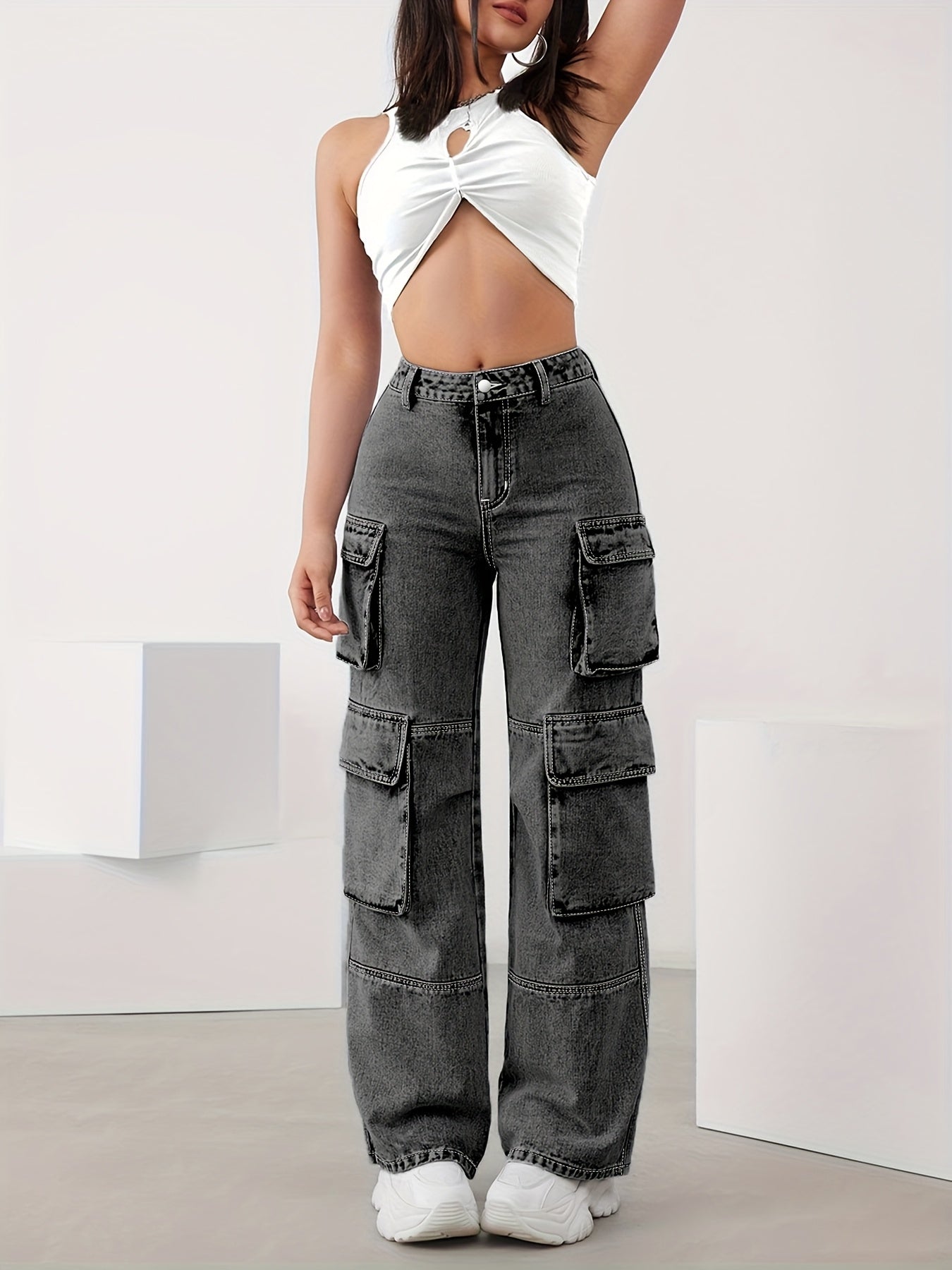 Plus Size Cargo Jeans Women High Waist Wide Leg Denim Spring Summer