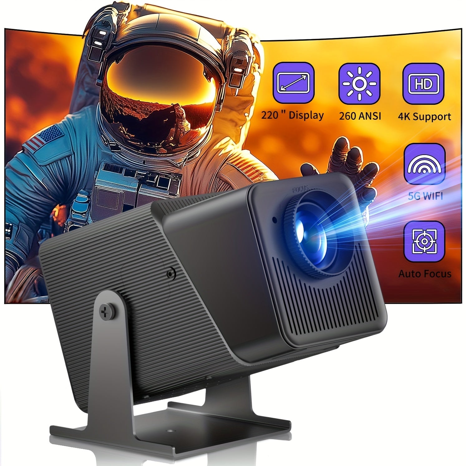 Мини портативный проектор 1080P 4K с поддержкой WiFi и Bluetooth