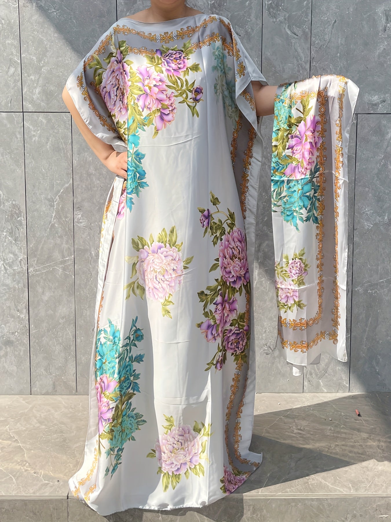 Plus Size Turkish Kafatan Robe with Scarf Floral Geometric Polyester