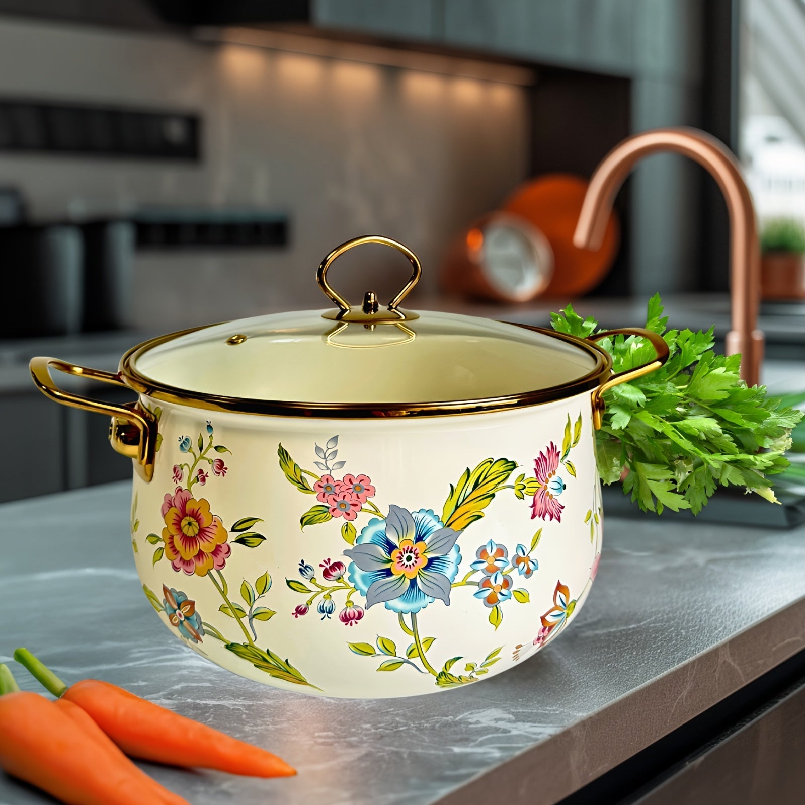 Enamel Double-Handled Soup Pot 5L Non-Stick Dishwasher Safe Floral Design