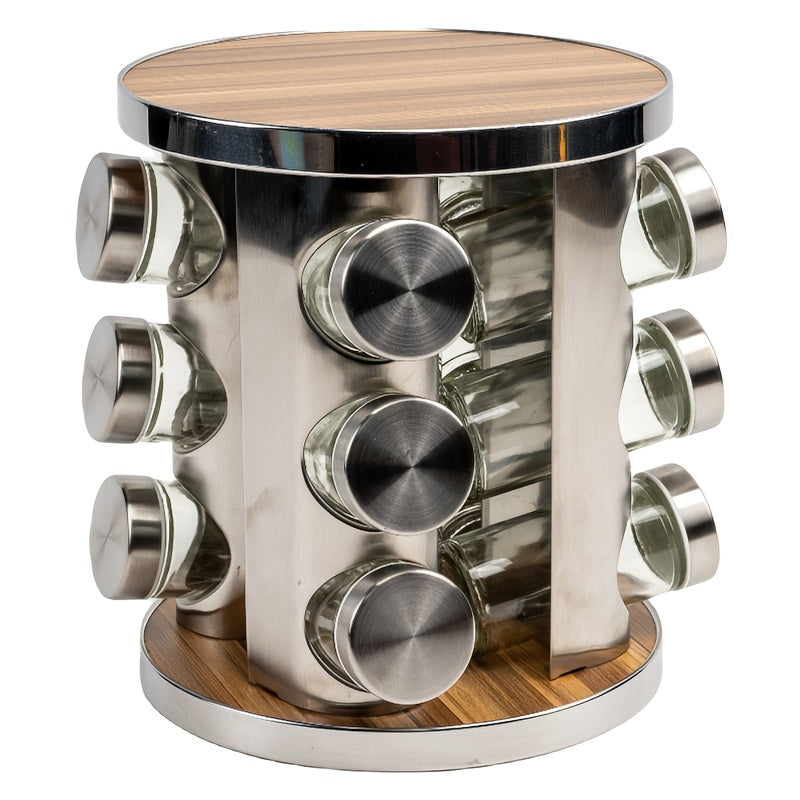 Stainless Steel Spice Rack Set with Glass Jars, Rotating Base, 12 Pieces
