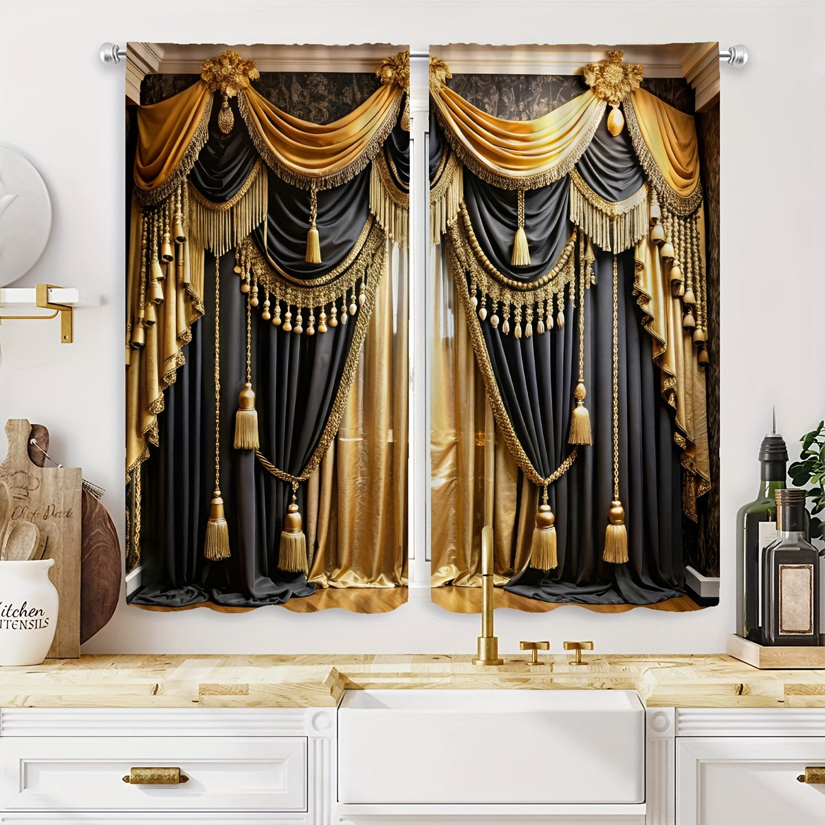 2pc Black and Gold Semi-Sheer Polyester Valance Curtains Rod Pocket for Living Room Bedroom