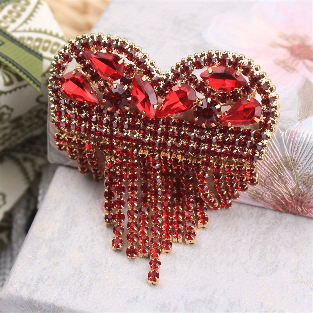 Heart-Shaped Rhinestone Brooch Pin with Tassel Irregular Shape for Ladies Party Wear