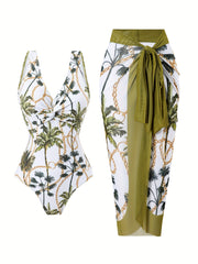 Tropical Palm Print Two-Piece Swimsuit Set with V-Neck Top and Sheer Sarong