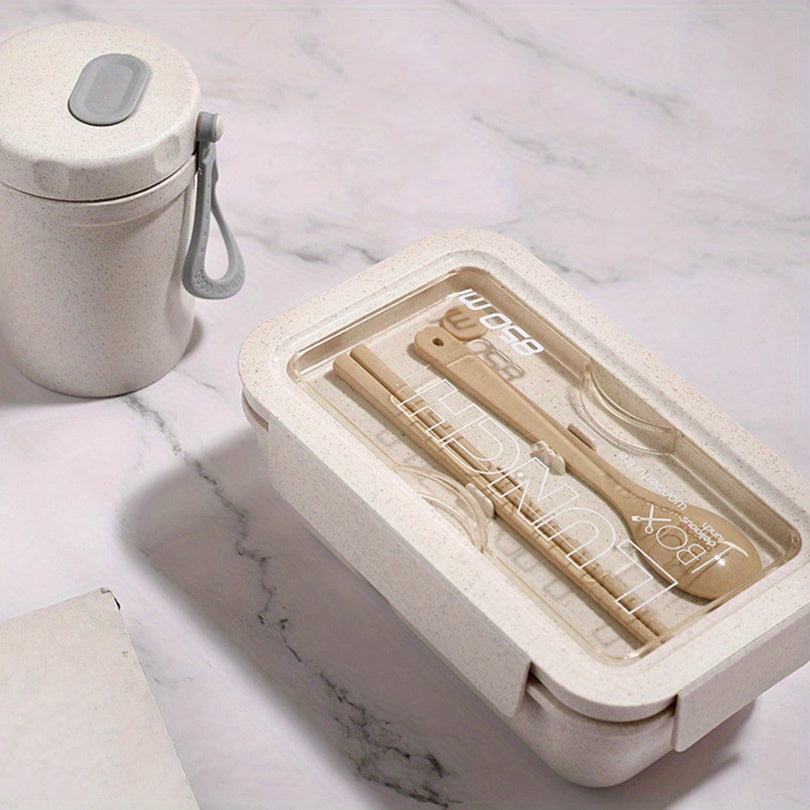 Izolyatsiyalangan tushlik qutisi to'plami, stol uchun idishlar bilan, ofis va maktab uchun kvadrat bo'lingan bug'doy simi Bento qutisi