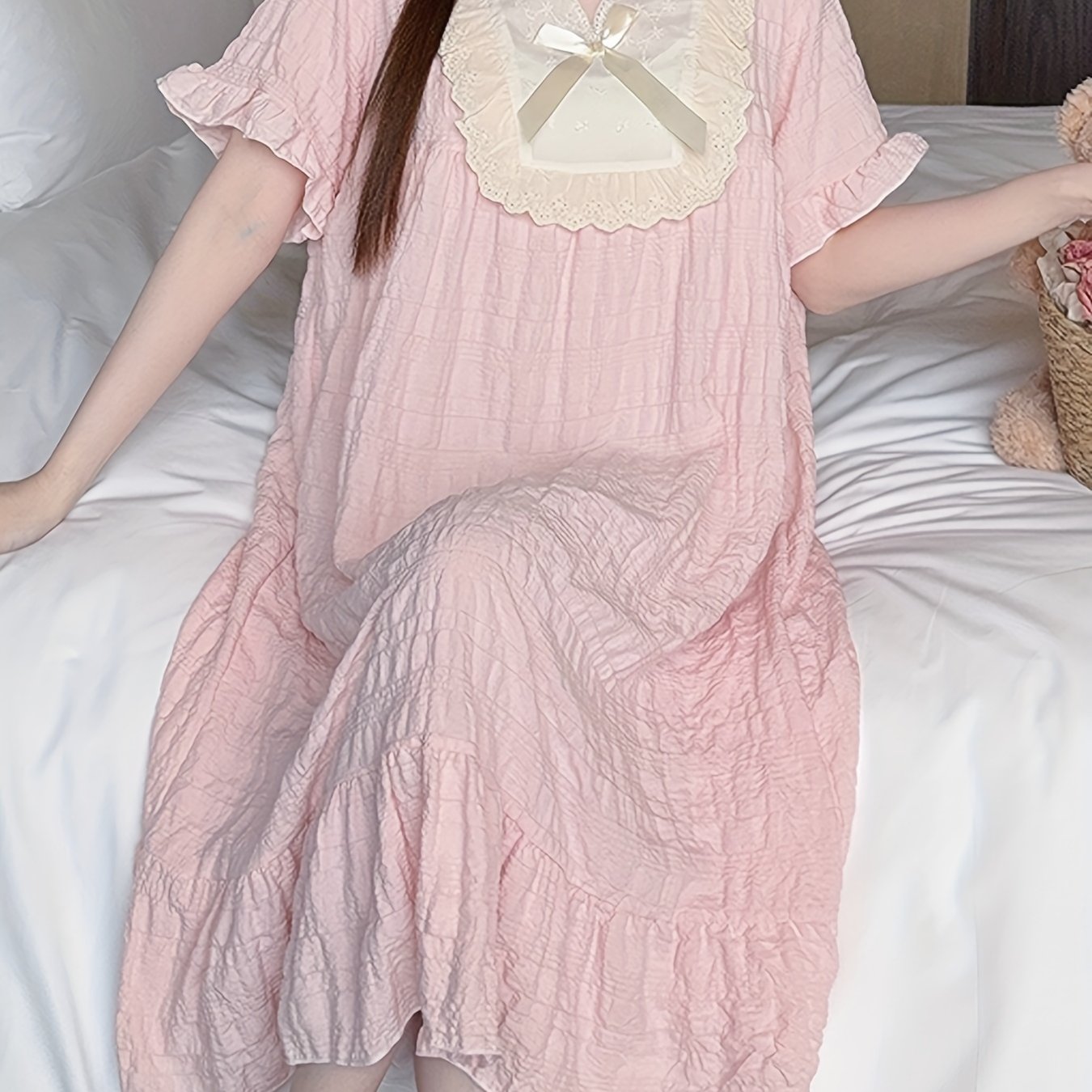 Женская ночная рубашка с коротким рукавом, летняя, с рюшами, свободного кроя, ночное платье