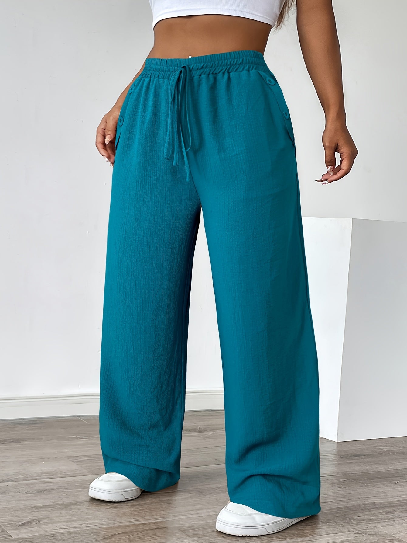 Women's Plus Size Casual Straight Pants with Lace-Up Detail, Solid Color