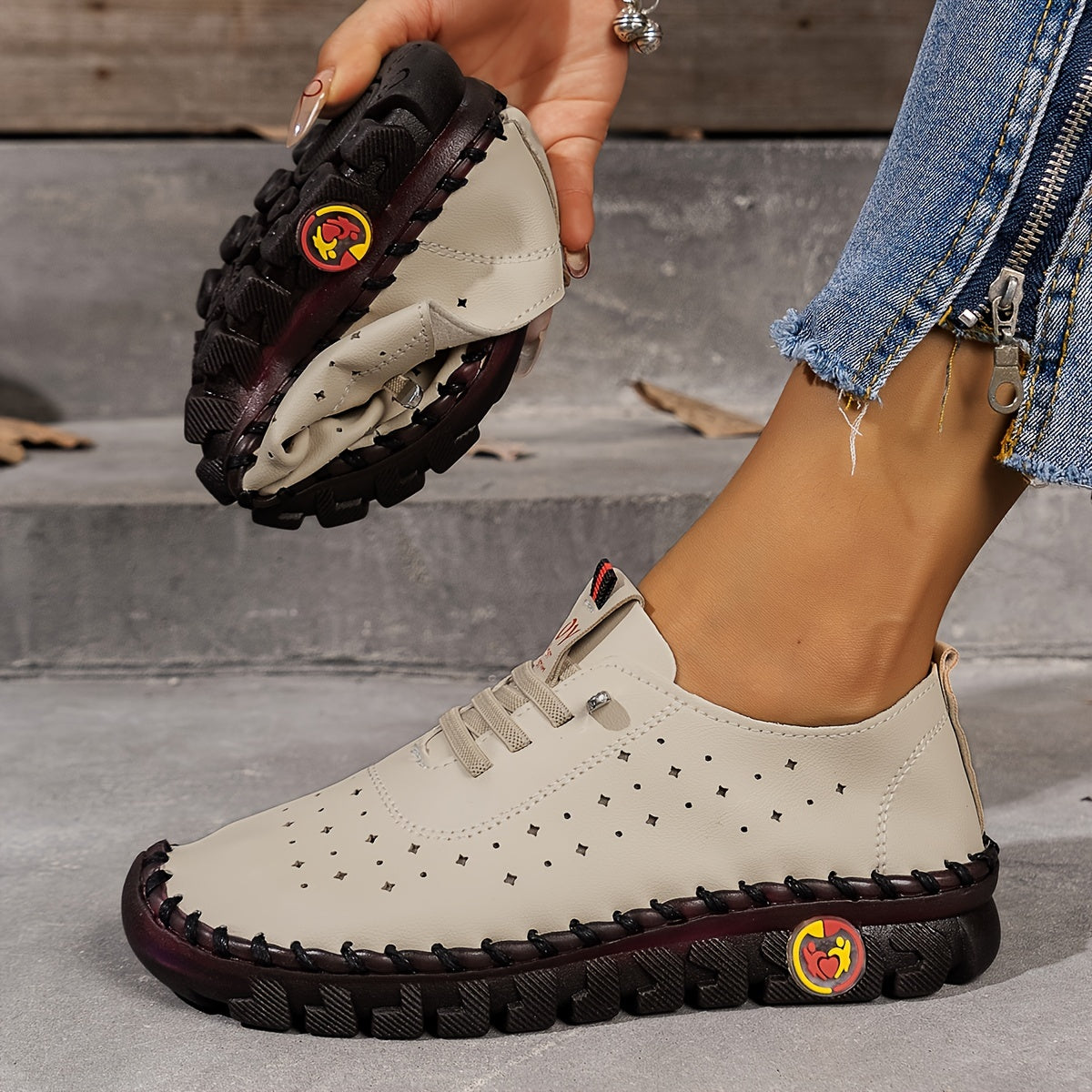 Women's Breathable Flat Sneakers with Hollow Out Design and Solid Color Lace-Up Shoes