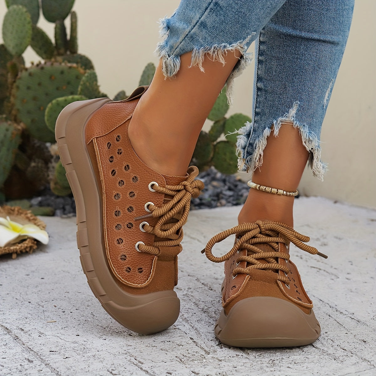 Women's Breathable Microfiber Slip-On Loafers with Cut-Out Design Brown Summer Casual Shoes