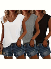 Women's V-Neck Short Sleeve T-Shirts 3-Pack Cotton Summer Tops Black Grey