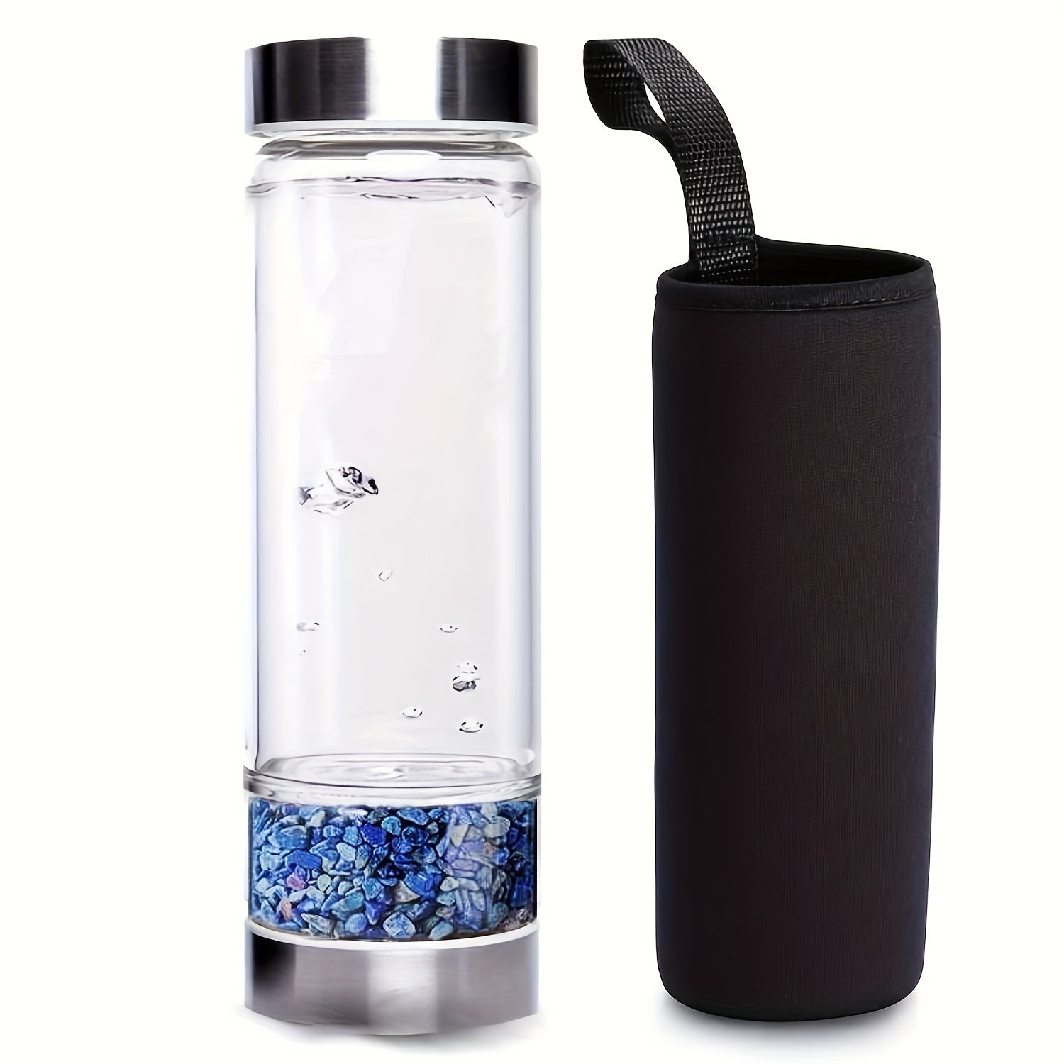 Glass Water Bottle with Amethyst Insert and Protective Cover