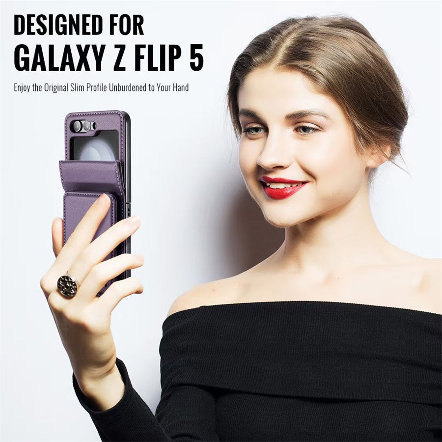 Leather Phone Case for Samsung Z Flip6 and Z Flip5 with Card Slot Drop Protection
