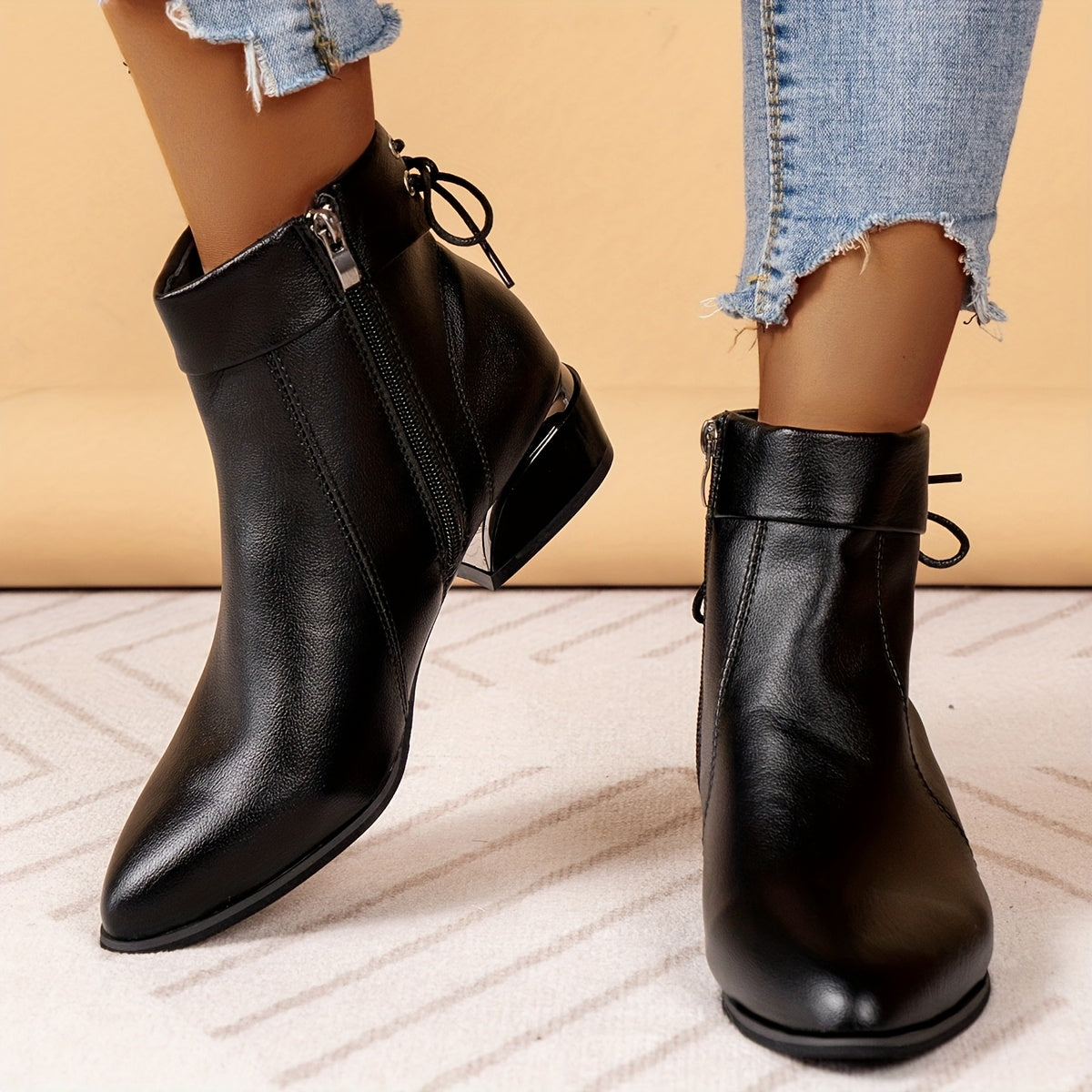 Women’s Black Faux Leather Ankle Boots, Low Heel, Side Zipper
