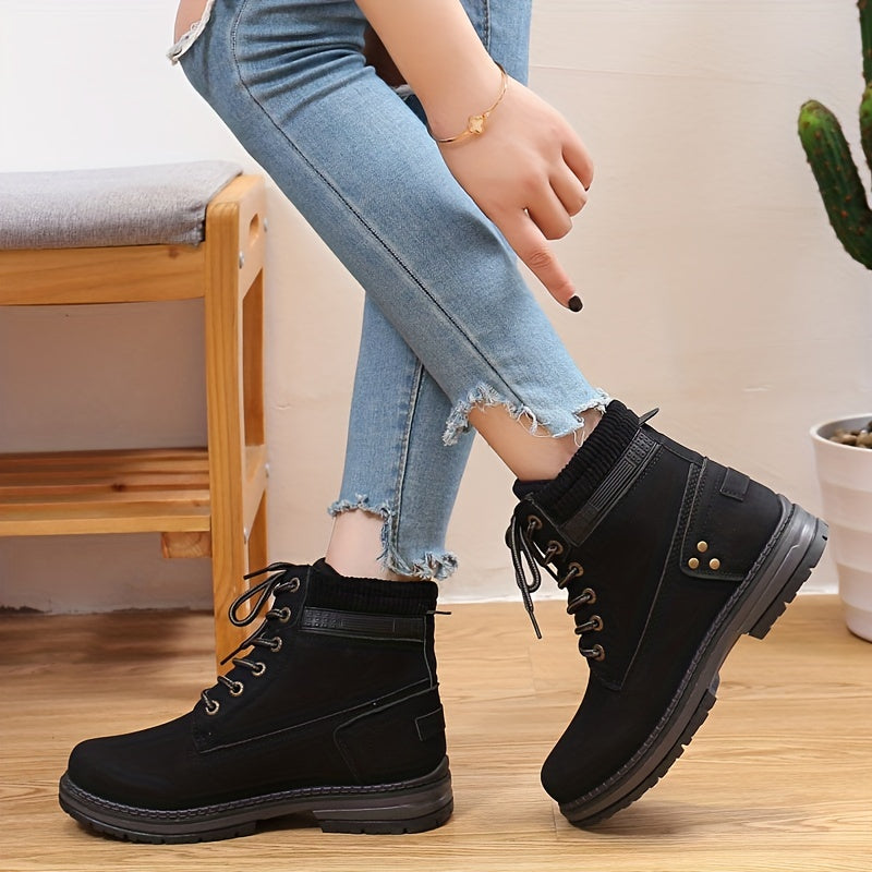 Women's High-Top Lace-Up Ankle Boots Black PU Thick Rubber Sole Casual All-Season