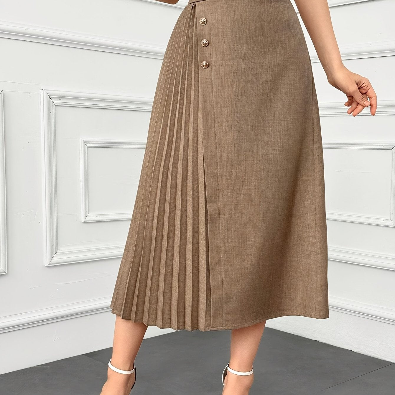Women's Solid Color High-Waisted Pleated Midi Skirt with Button Front