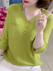 Knitted Top Women Short Sleeve V-Neck Loose Fit Solid Color Casual