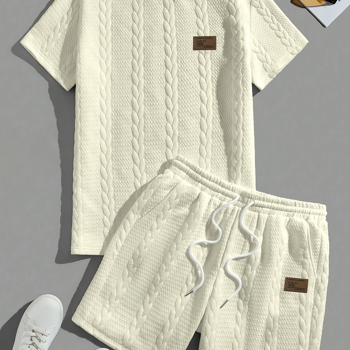 Men's Short Sleeve Solid Color Casual Set with Wheat Pattern and Drawstring Shorts