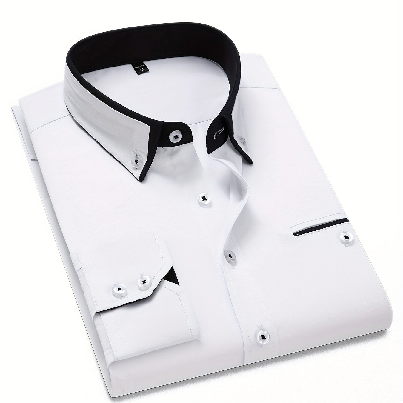 Men's Long Sleeve Dress Shirt with Contrast Lapel Collar Color Block for Formal Wear