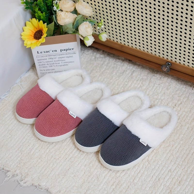 Unisex Fuzzy Slip-On Indoor House Slippers Warm Thick Plush Red Gray Beige