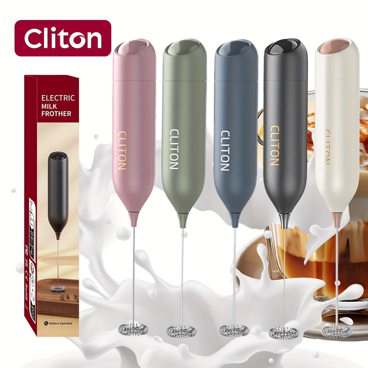 Electric Milk Frother Handheld Stainless Steel Stand Battery Powered For Coffee Latte