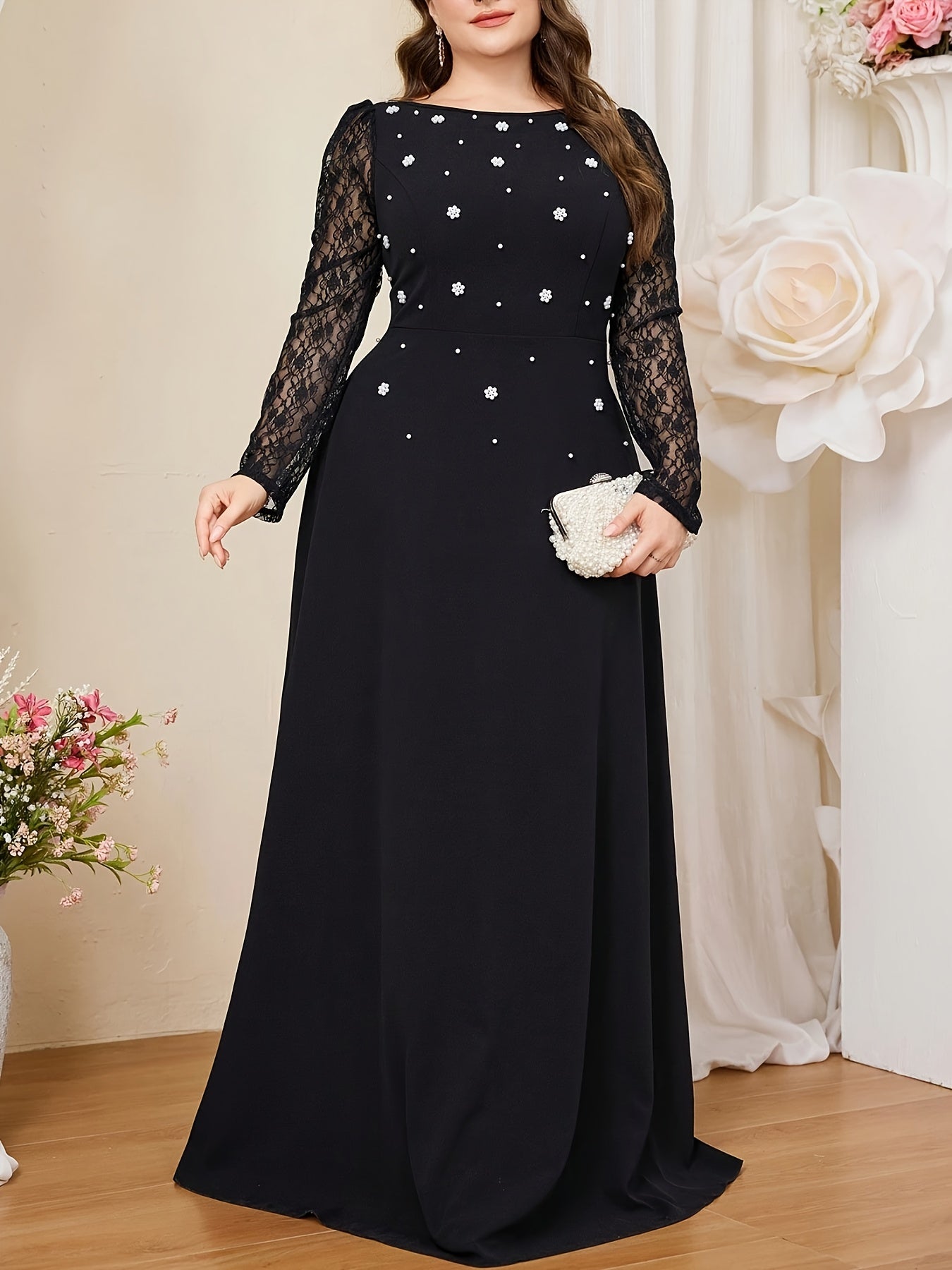 Plus Size Women's Black Fluffy Pearl Lace A-Line Evening Dress for Formal Weddings