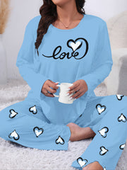 Plus Size Women's Knit Pajama Set Long Sleeve Heart Print Lounge Sleepwear