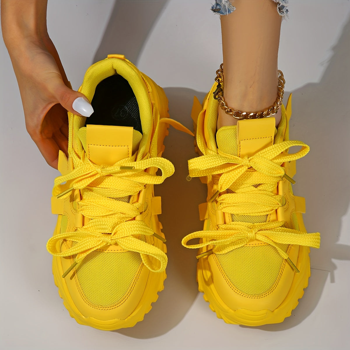 Ladies Casual Chunky Sneakers Bright Yellow Wide Lace-Up Athletic Shoes