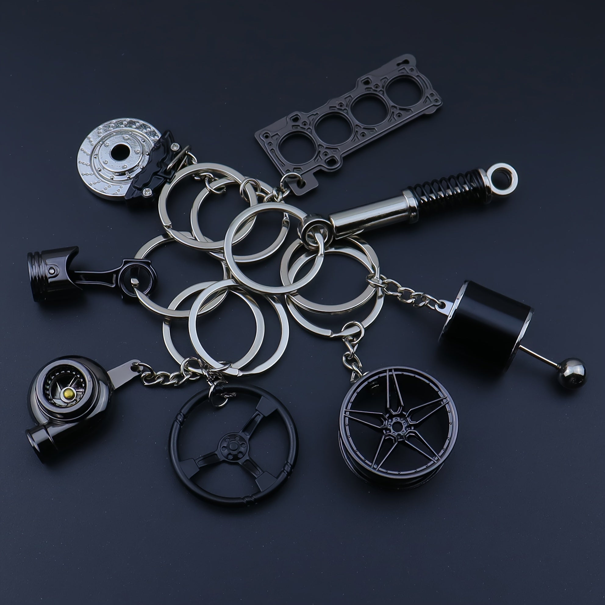 Car Enthusiast Keychain Set - 8 Black Zinc Alloy Engine Component Keychains