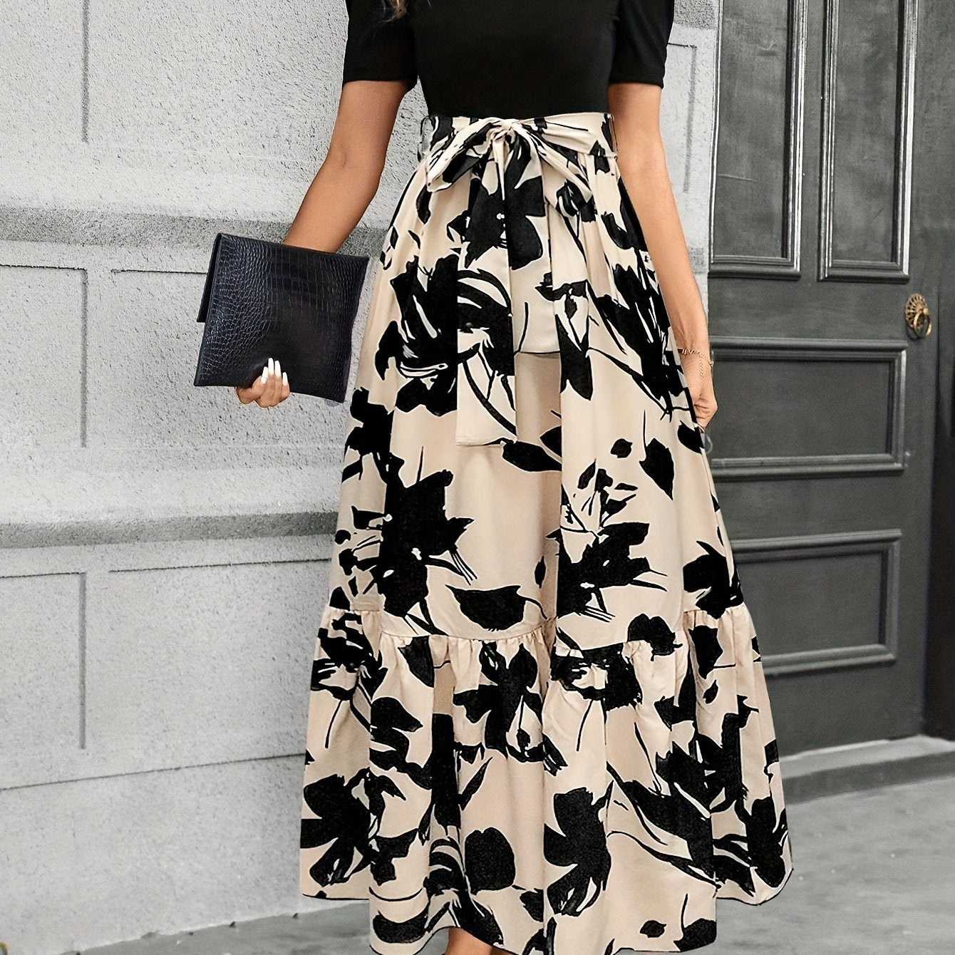 Women's Floral Print Dress with Crew Neck Short Sleeves Tie Waist Ankle Length