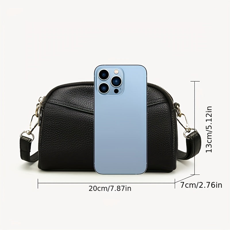 Women's Genuine Leather Crossbody Bag Solid Color Zipper Closure Adjustable Strap Polyester Lining Black White