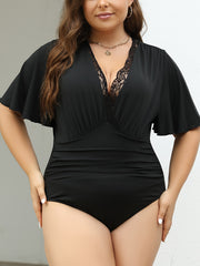 Plus Size Lace Stitching Bodysuit Short Sleeve V Neck Ruched Women's Clothing