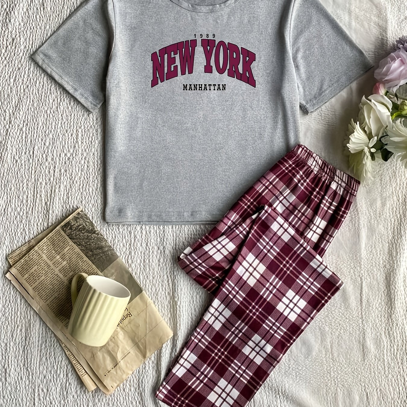 Women's Letter and Plaid Pajama Set Crew Neck Short Sleeve Top Long Pants Micro Elastic Polyester Sleepwear