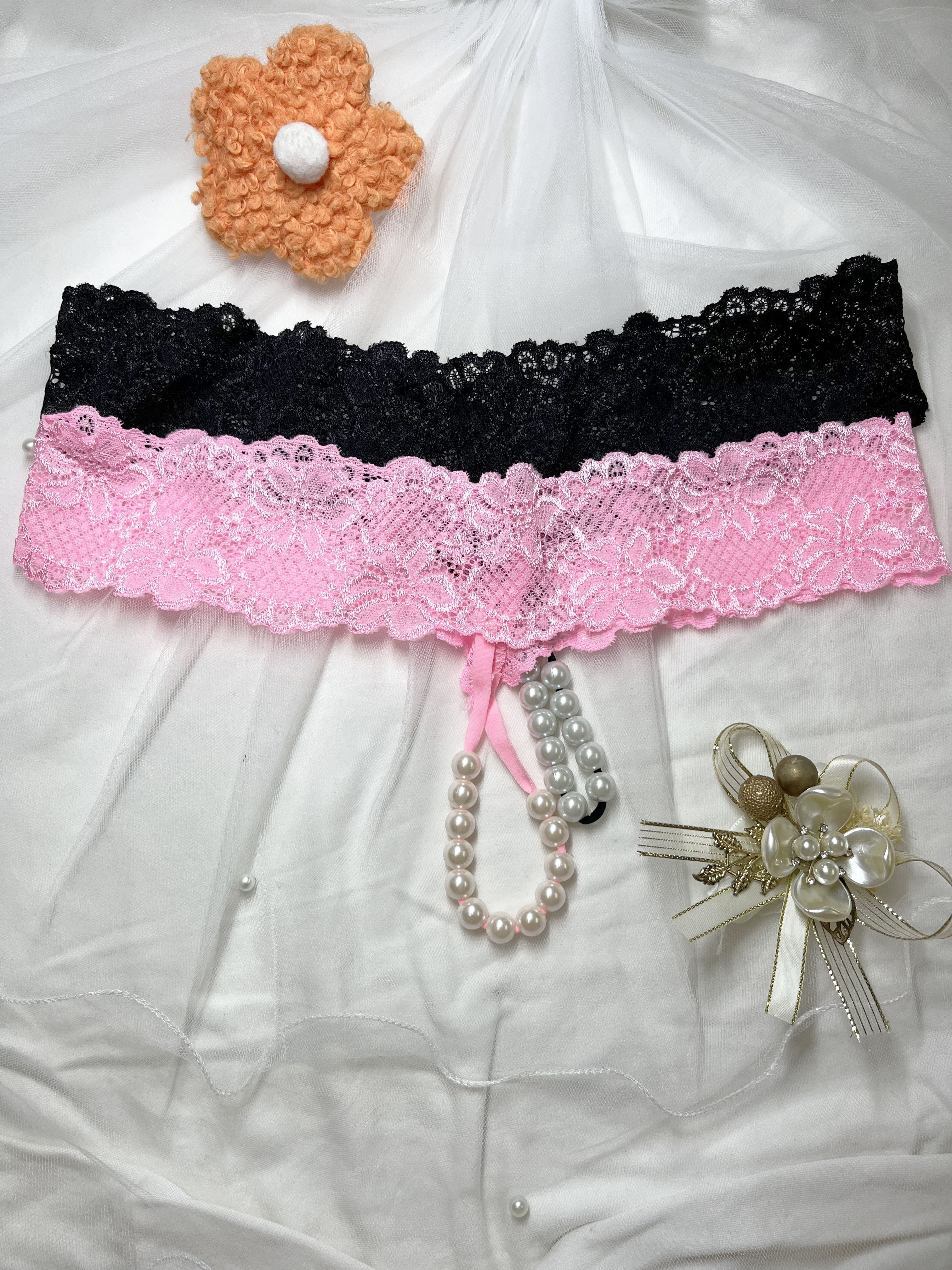 Black and Pink Lace Massage Thong Set with Beads 2-Pack