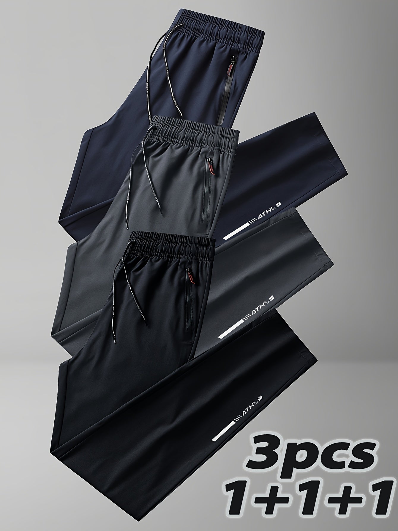 Men's Plus Size Track Pants Polyester Regular Fit Woven Print Zipper Pack of 3