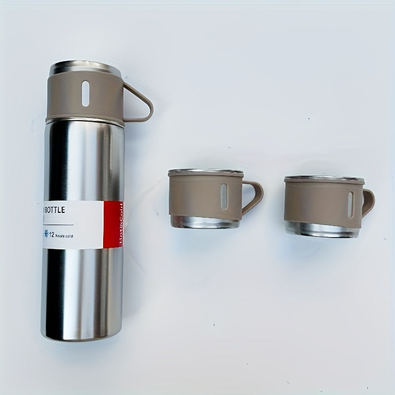 500ml Stainless Steel Vacuum Insulated Flask Set with 2 Cups for Hot Cold Beverages