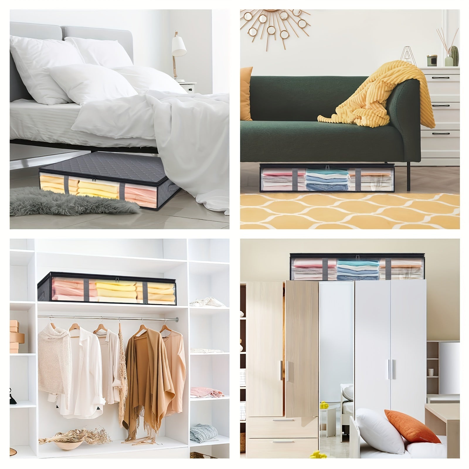 4 ta qavatiq, yig'iladigan saqlash qutilari, shaffof oynalar va tutqichlar bilan, kiyimlar, yostiq va qulayliklar uchun