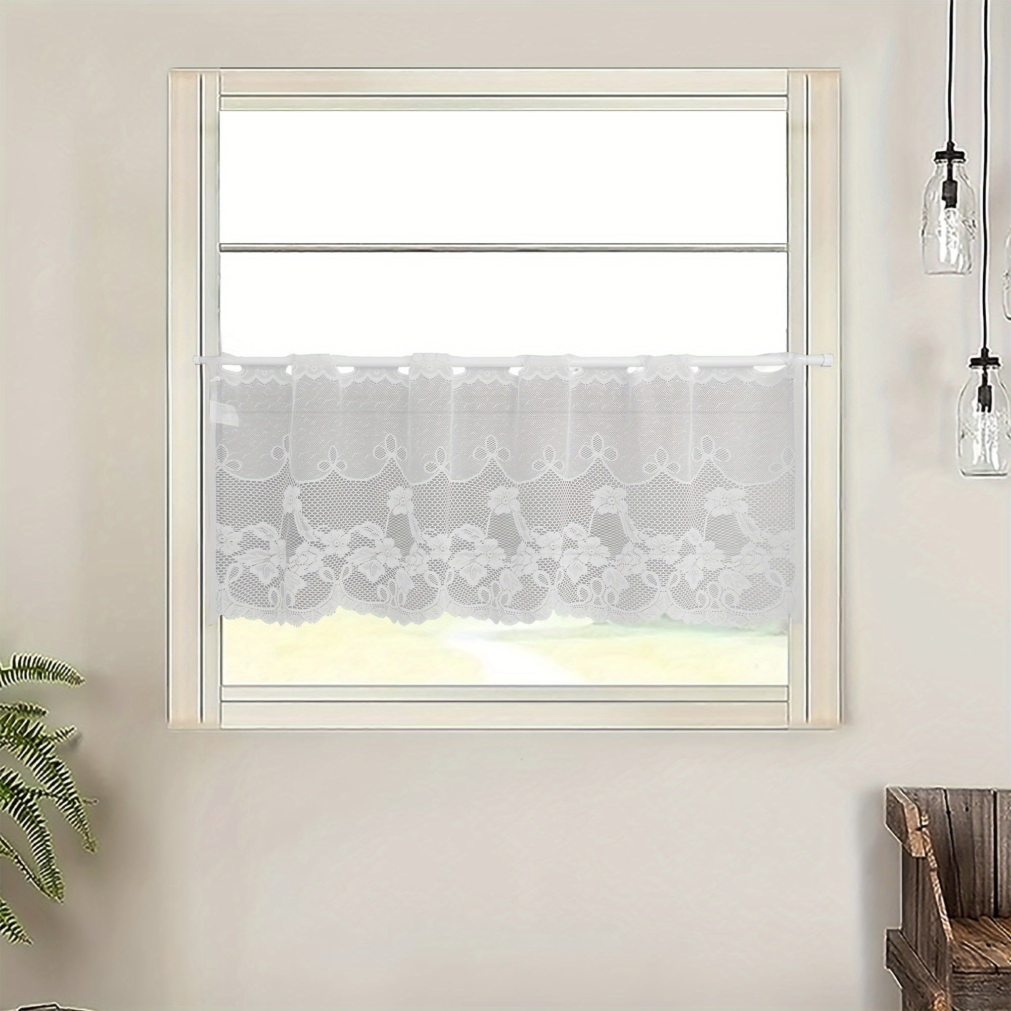 White Floral Lace Sheer Curtain for Kitchen and Living Room Privacy