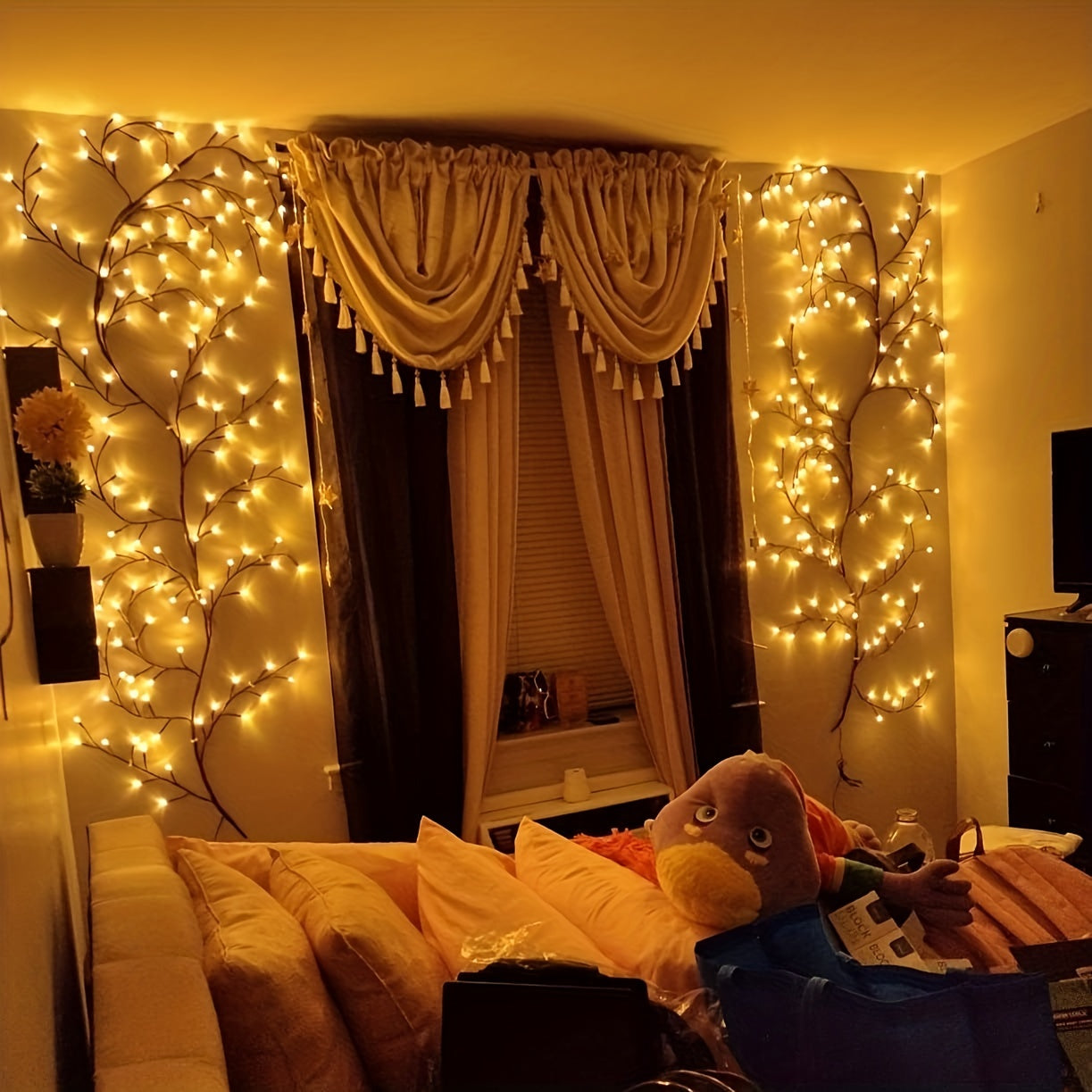 Luces de cuerda de ramas con 96 LED, alimentadas por USB y batería, 8 modos, cambio de color