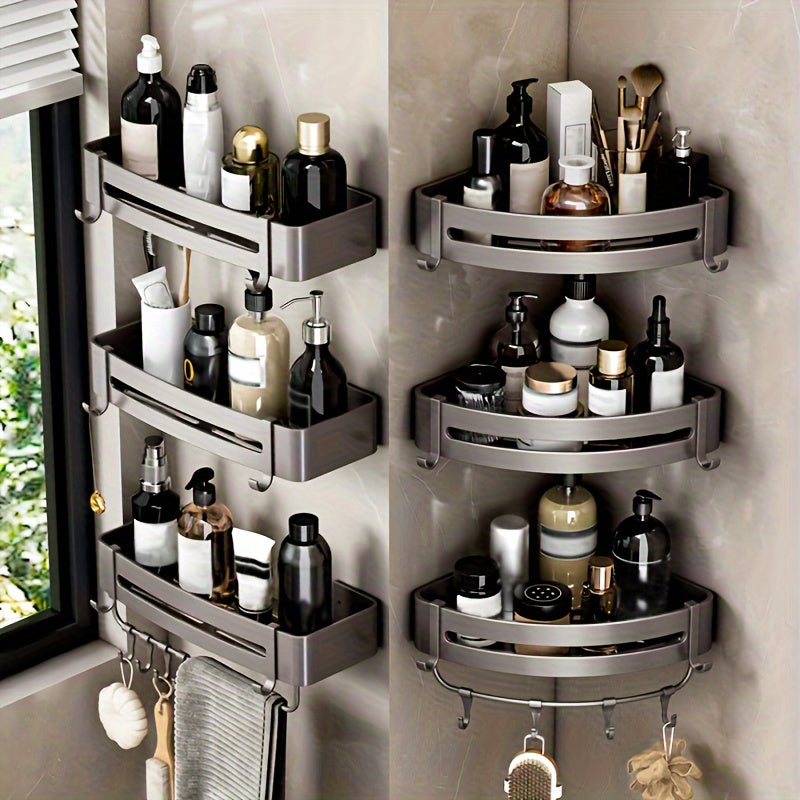 Wall-Mounted Bathroom Storage Rack Aluminum No-Drill Shower Shelf for Shampoo and Cosmetics