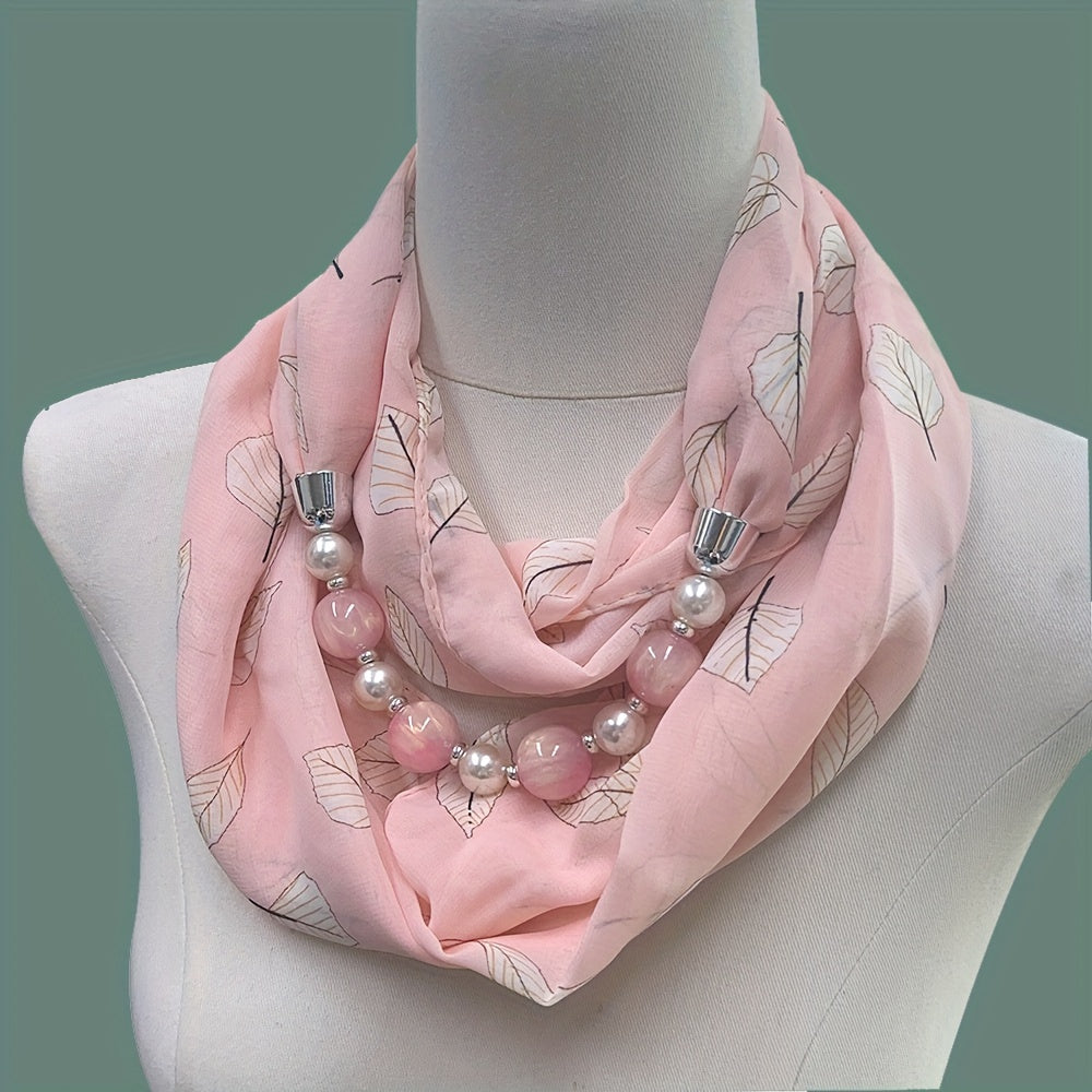 Beaded Necklace Scarf Women’s Chiffon Imitation Ceramic Beads Infinity Accessory