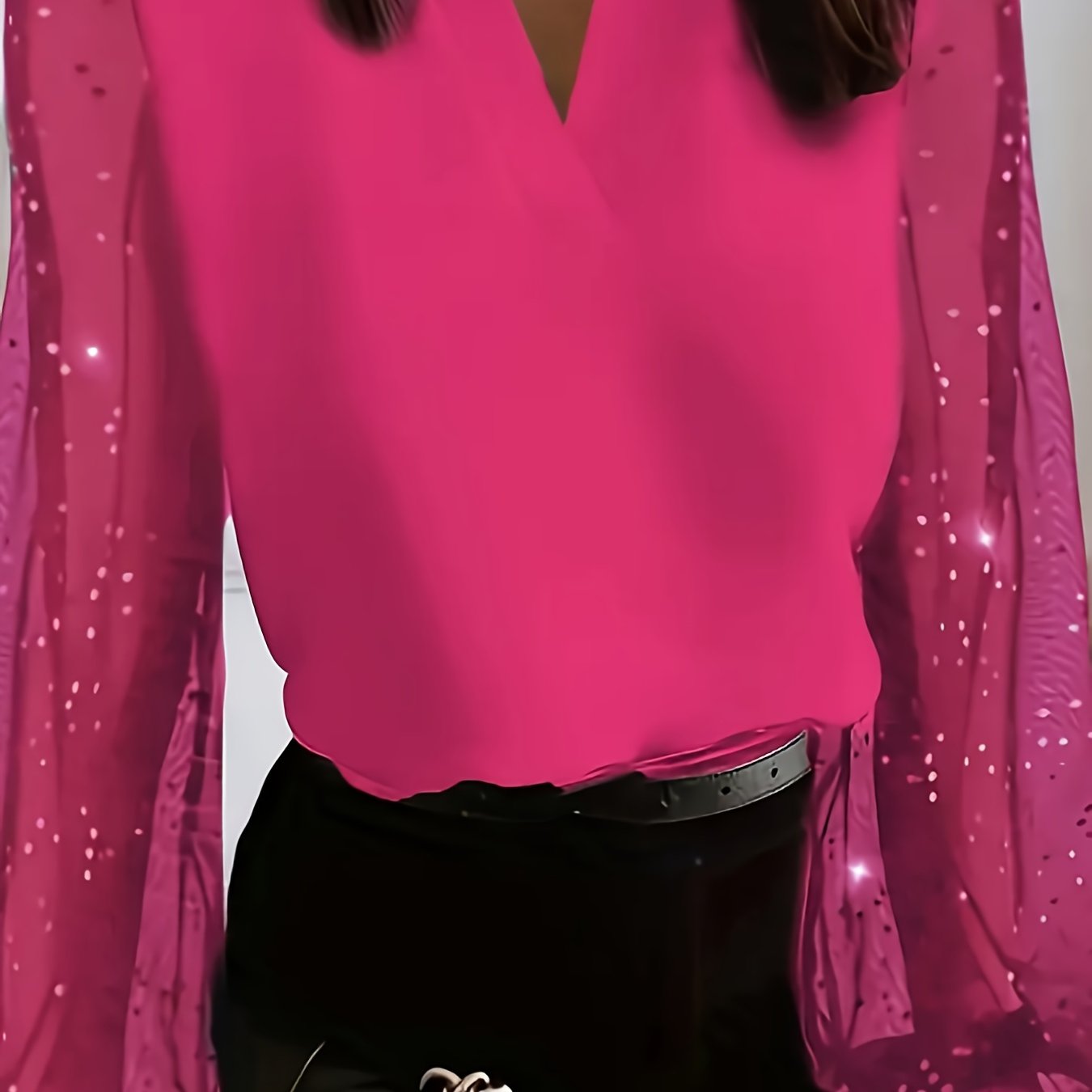 Women's Mesh Lounge Top with Rhinestone Decor Lantern Sleeves Fall Sleepwear Loungewear